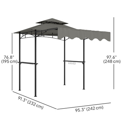 8' x 7.6' Grill Gazebo, Double Tiered Barbecue Grill Gazebo Shelter w/ Side Awning, 2 Side Shelves, 6 Hooks, Light Grey