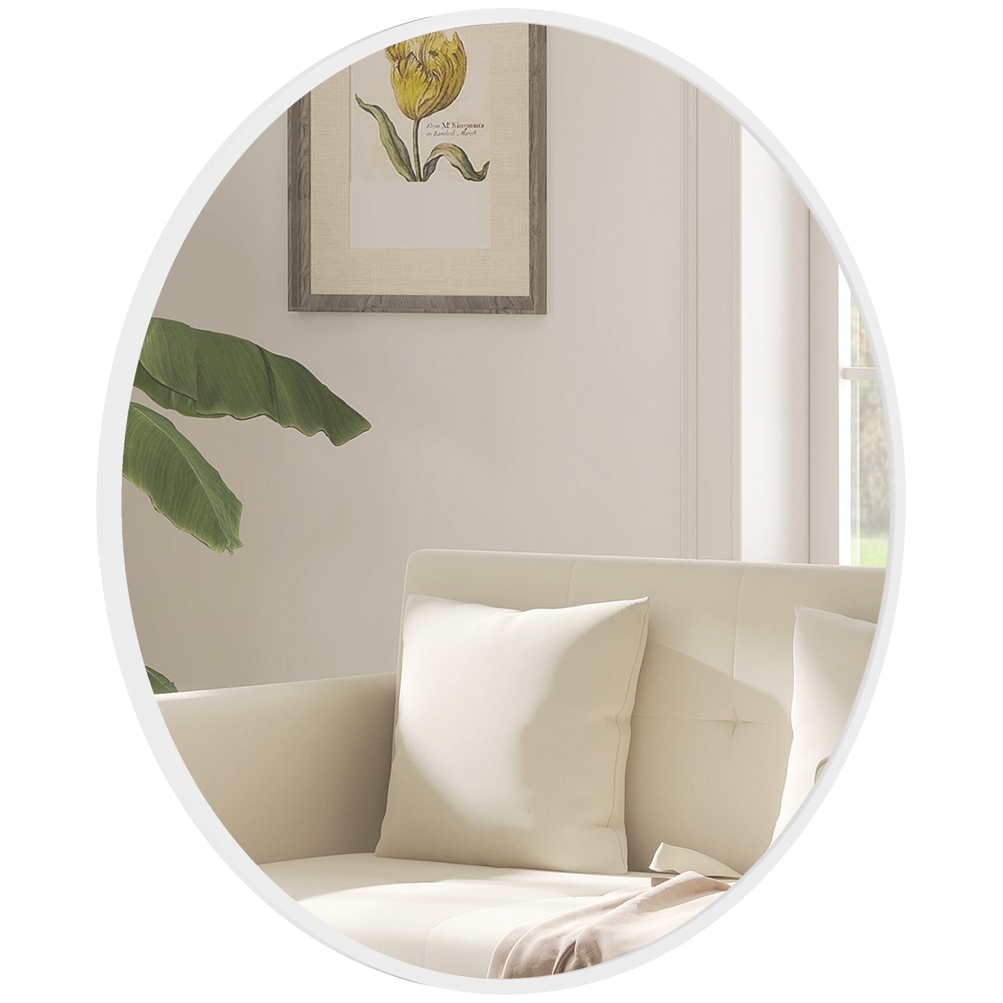 36" Round Mirror, Bathroom Wall Mirror with Metal Frame, Decorative Vanity Mirror for Living Room, Bedroom, White