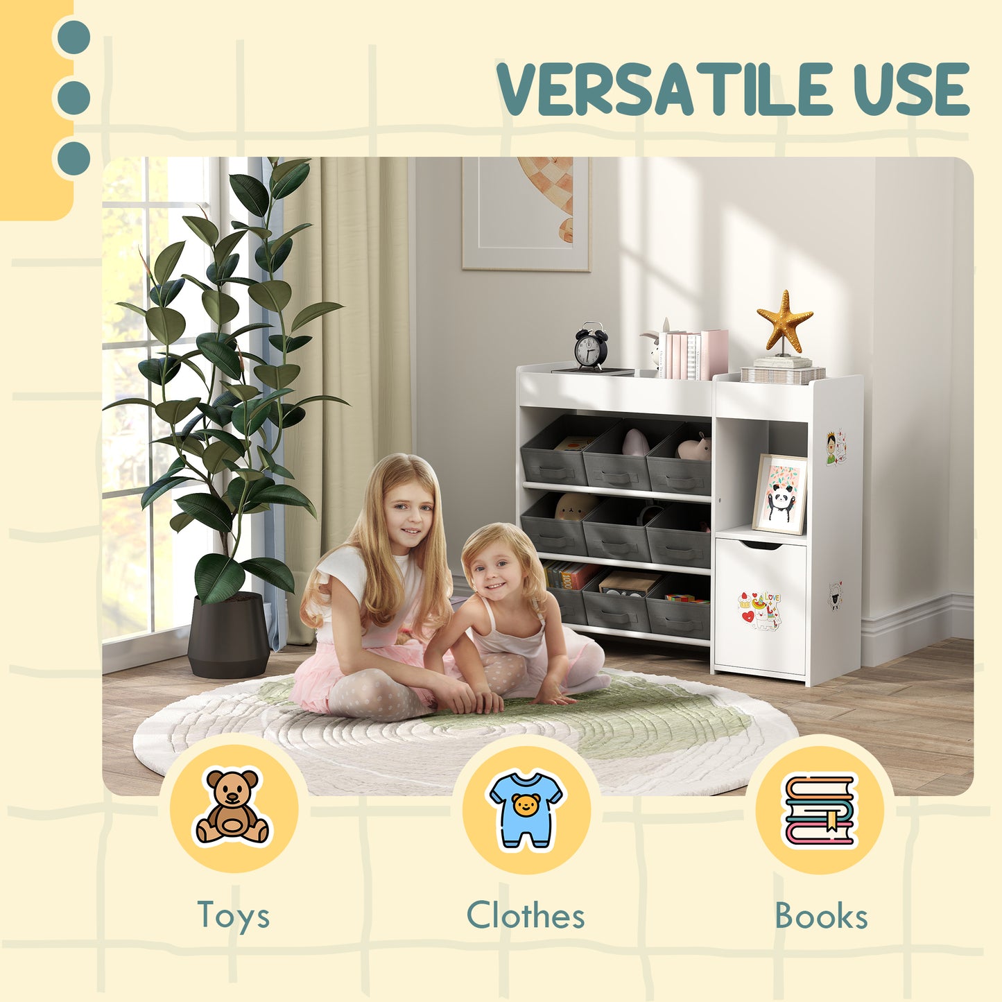 Qaba Toy Storage Organizer with 9 Non-Woven Fabric Boxes, Storage Cabinet & Shelves, for Kids Room, Nursery, Playroom Wh