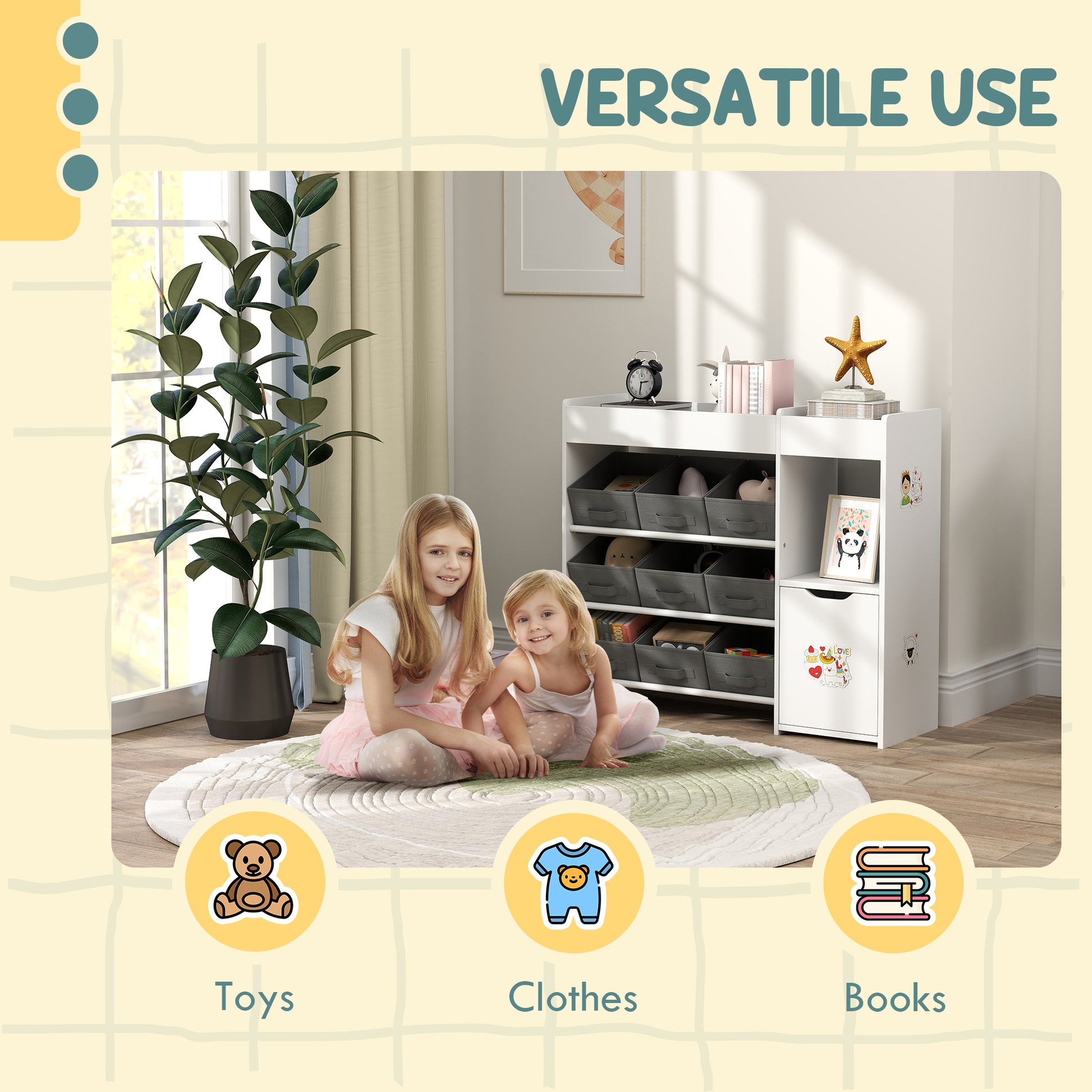 Qaba Toy Storage Organizer with 9 Non-Woven Fabric Boxes, Storage Cabinet & Shelves, for Kids Room, Nursery, Playroom Wh