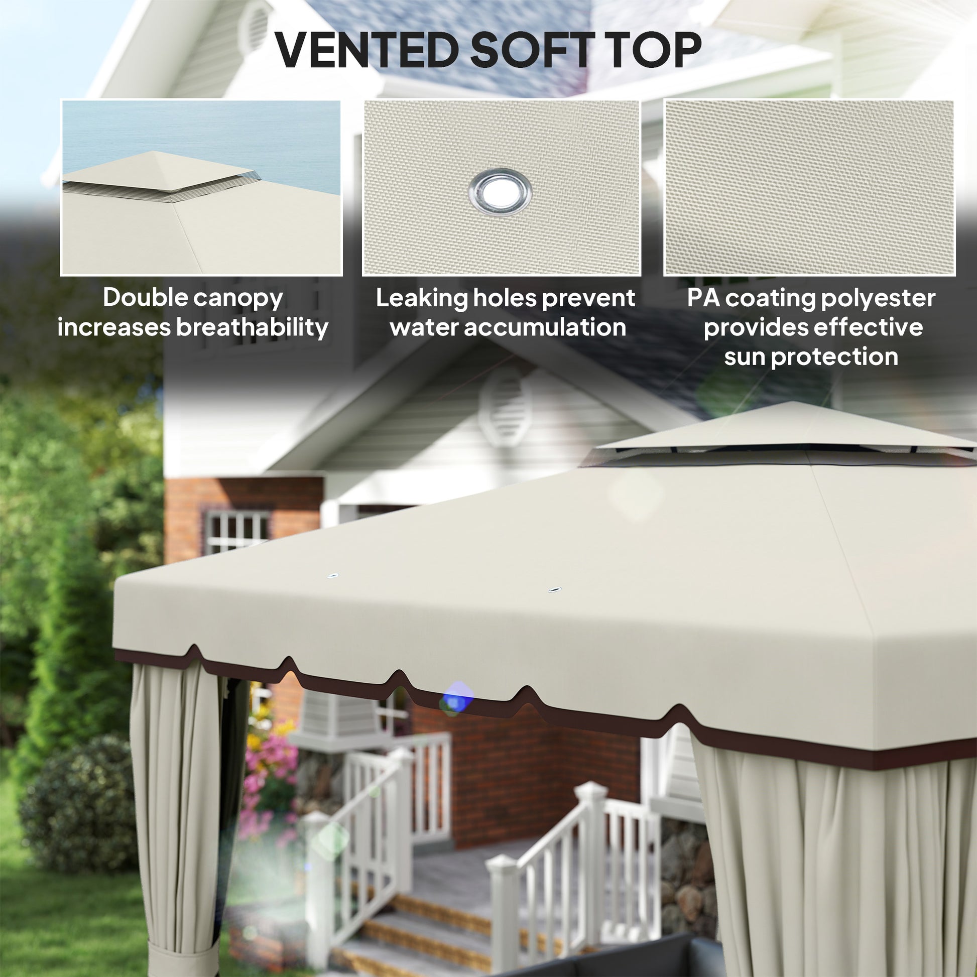 10' x 10' Outdoor Patio Gazebo, Double Soft-top Garden Shelter Tent with Curtains & Mesh Screen Drapes, Cream White