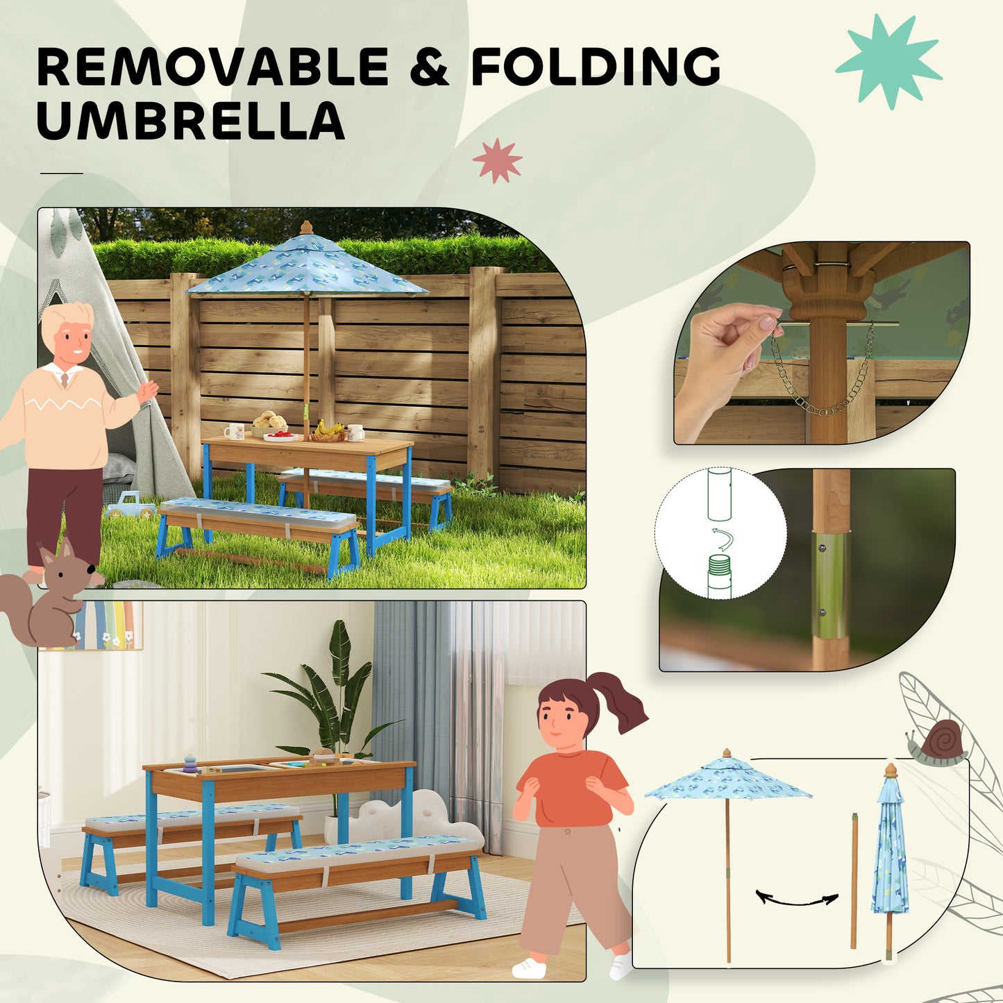 Qaba Kids Picnic Table and Bench Set with Removable Umbrella, Cushions & Boxes, Dinosaur Theme for Outdoor, Blue