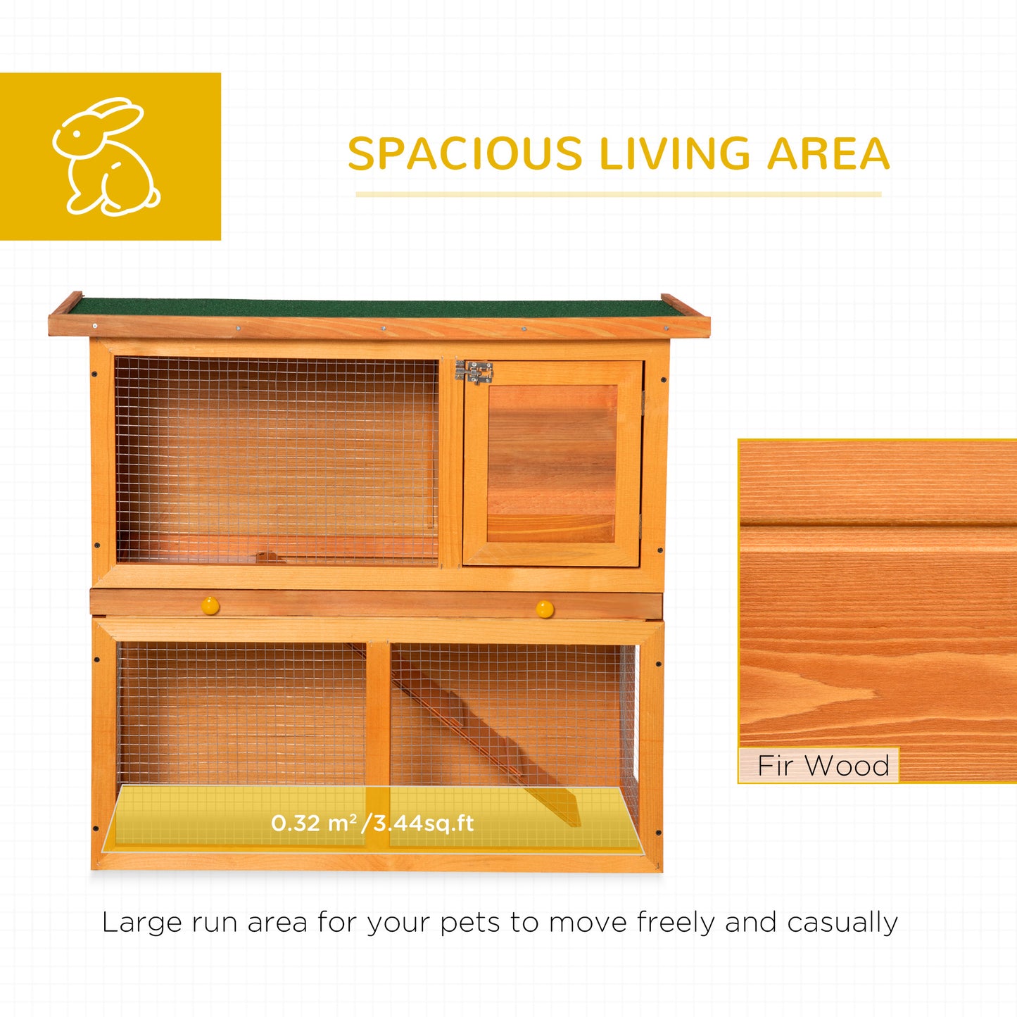 Wooden Rabbit Hutch, Indoor Outdoor Bunny Cage with Run, 2- Level Guinea Pig House with Slide-Out Tray, Waterproof Roof,