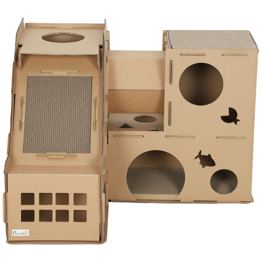 Multi-Level Cardboard Cat House, Corrugated Cardboard Play Condo with Scratching Pads for Indoor Kittens
