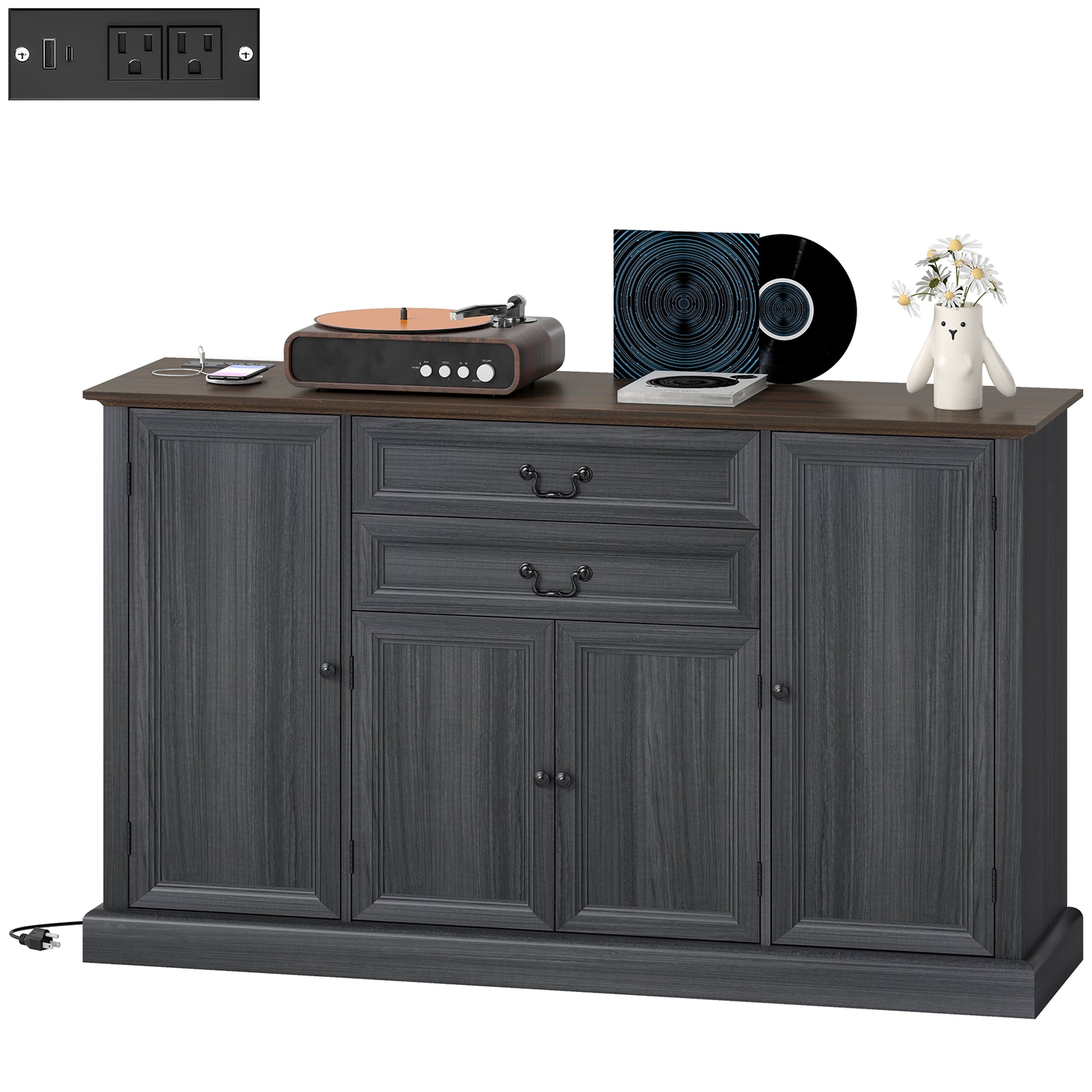 Farmhouse Sideboard with Charging Station and Thickened Top, 58" Buffet Cabinet with 2 Soft-Close Drawers, Black