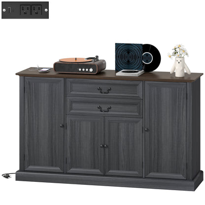 Farmhouse Sideboard with Charging Station and Thickened Top, 58" Buffet Cabinet with 2 Soft-Close Drawers, Black