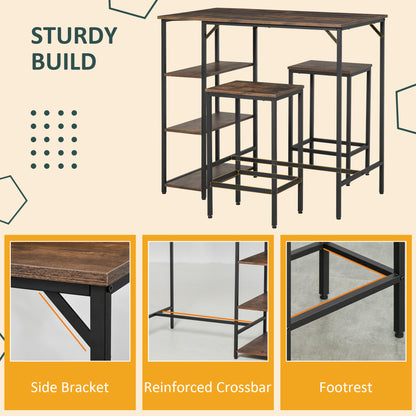 Industrial Dining Table Set for 2, Bar Table and Stools Set, Counter Height Kitchen Table with Chairs with Storage Shelf