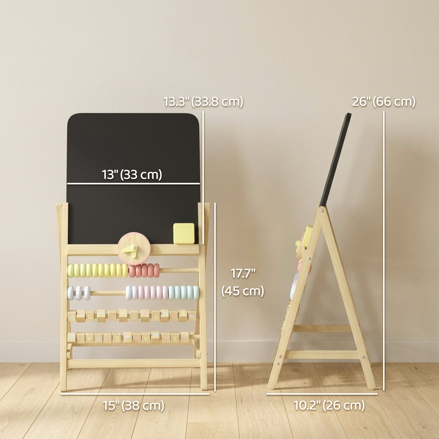 Qaba Wooden Kids Art Easel with Double-Sided Chalkboard, Clock, Abacus, Blackboard Eraser for Painting, for Ages 2+, Nat