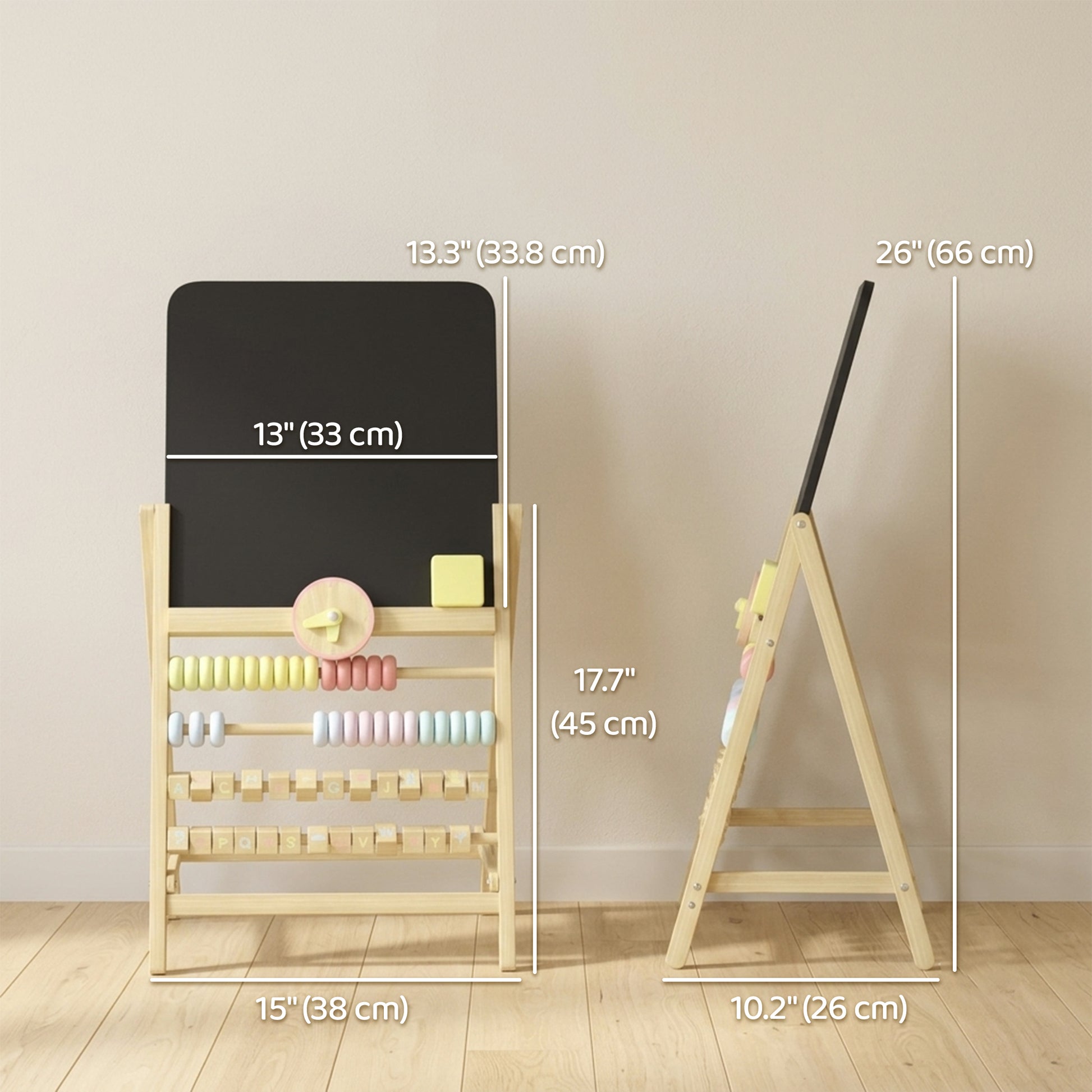 Qaba Wooden Kids Art Easel with Double-Sided Chalkboard, Clock, Abacus, Blackboard Eraser for Painting, for Ages 2+, Nat