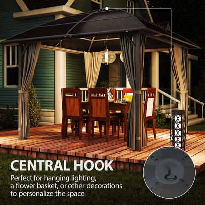 10' x 10' Outdoor Hardtop Gazebo Canopy with UV50+ Polycarbonate Roof, Steel Frame, Central Hook, Curtains, Light Grey
