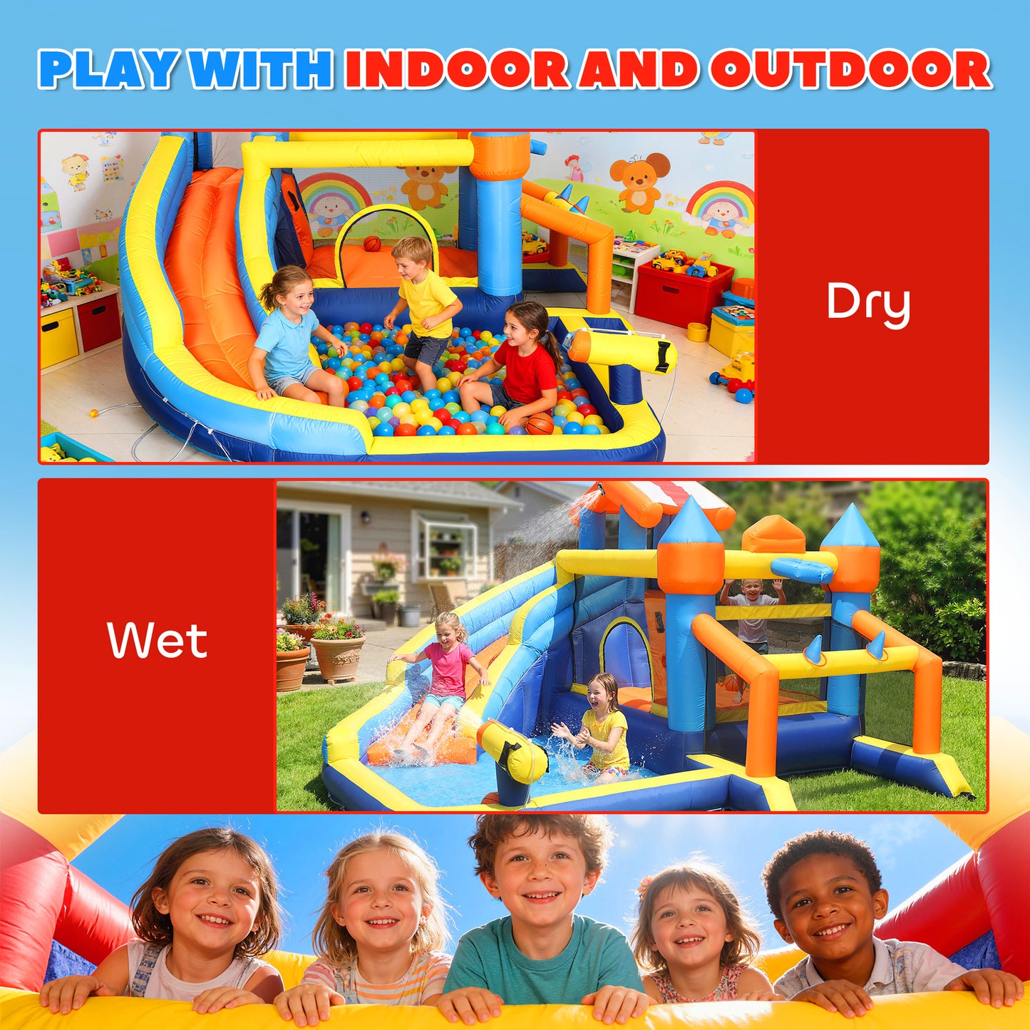 Qaba Bouncy Castle for Kids, Inflatable Bounce House with Slide, Pool (Ball Pit), Climbing Wall and Blower for Indoor Ou