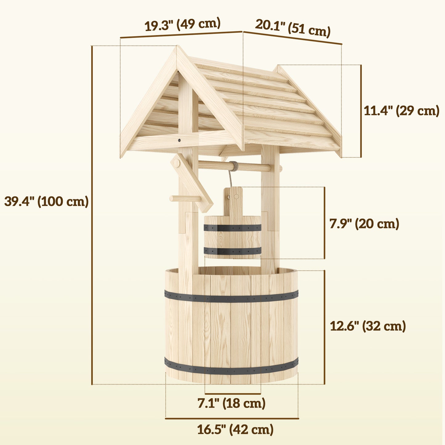 Wood Wishing Well Outdoor Wooden Planter with Hanging Bucket and Drainage Hole for Garden, Patio, Backyard, Natural