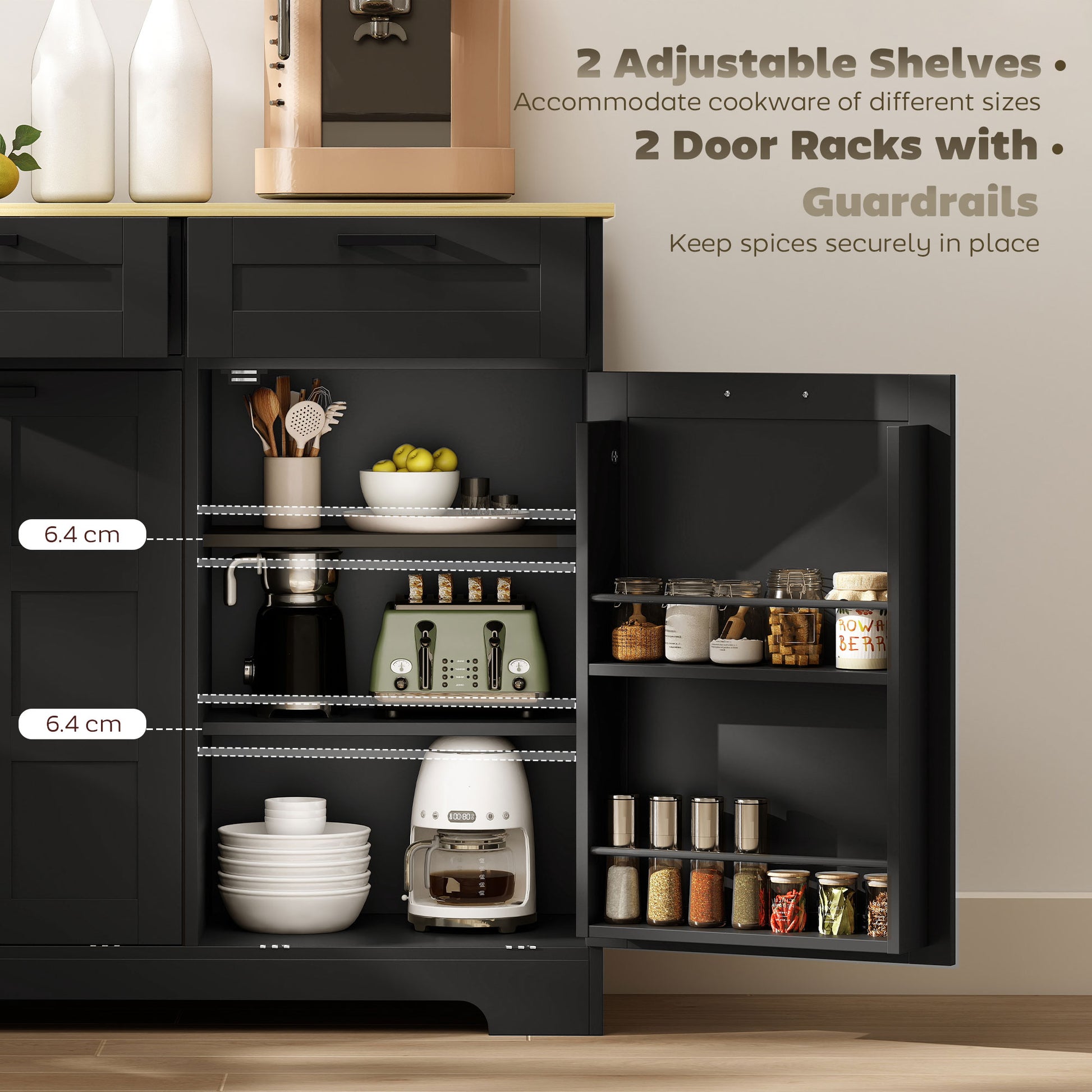 13 Gallon Tilt Out Garbage Cabinet, Kitchen Island with Trash Cabinet, 2 Drawers, Door Racks, Adjustable Shelves, Black