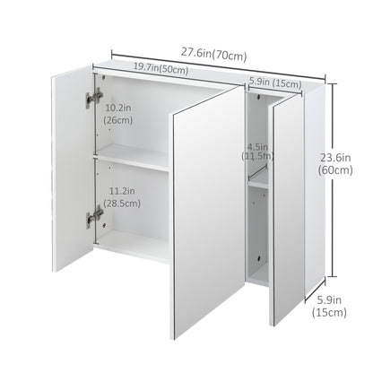 28" x 24" Wall Mounted Mirror Cabinet, Bathroom Medicine Cabinet with Mirror, 3 Doors and Adjustable Shelves, White