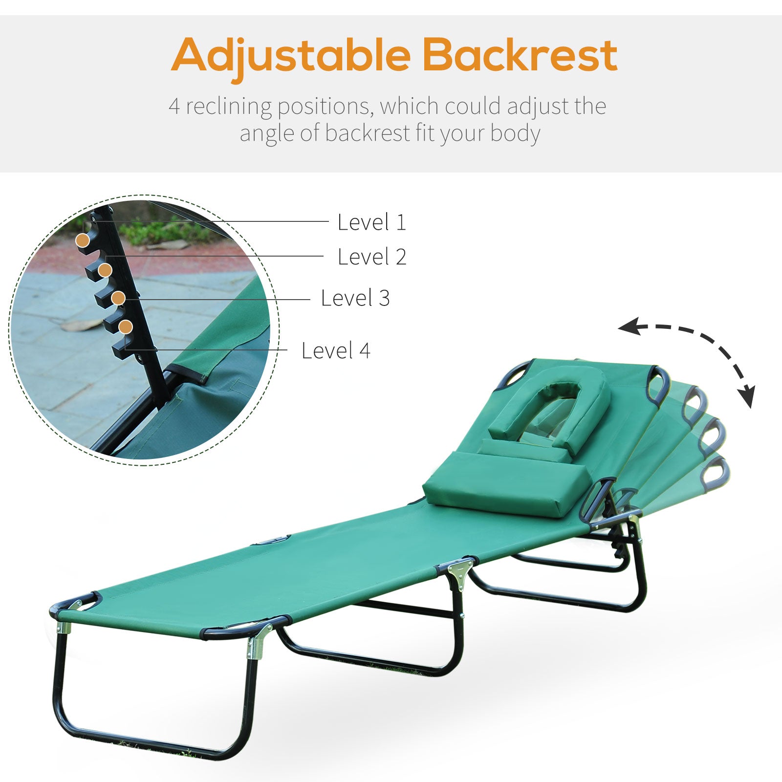 Folding Outdoor Lounge Chair, Portable Reclining Beach Lounger with Face Hole, Detachable Pillow, 3-Position Adjustable 