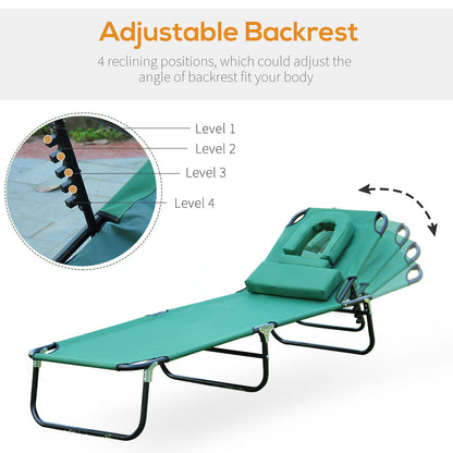Folding Outdoor Lounge Chair, Portable Reclining Beach Lounger with Face Hole, Detachable Pillow, 3-Position Adjustable 