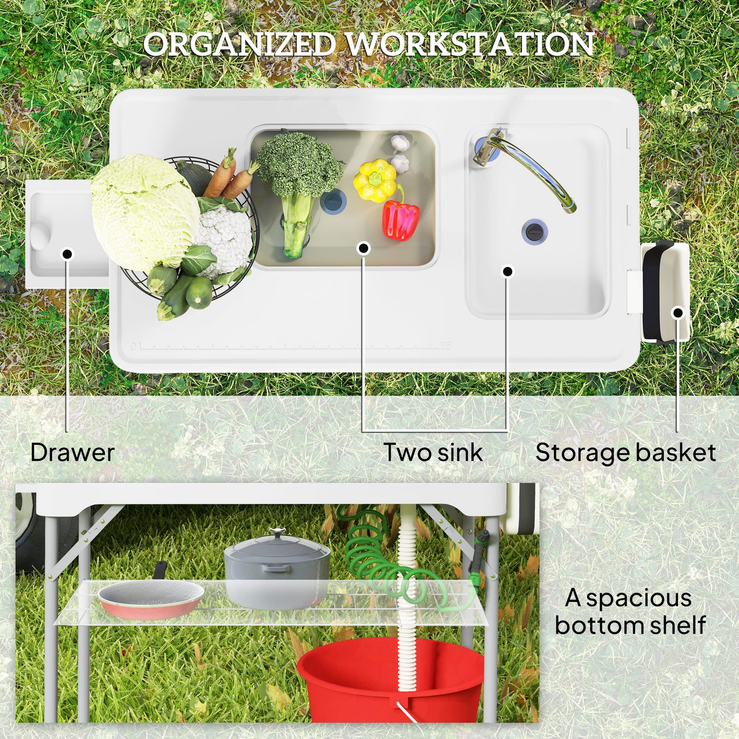 Folding Fish Cleaning Table with Sinks, Camping Sink with Faucet Drainage Hose Sprayer Shelf, White