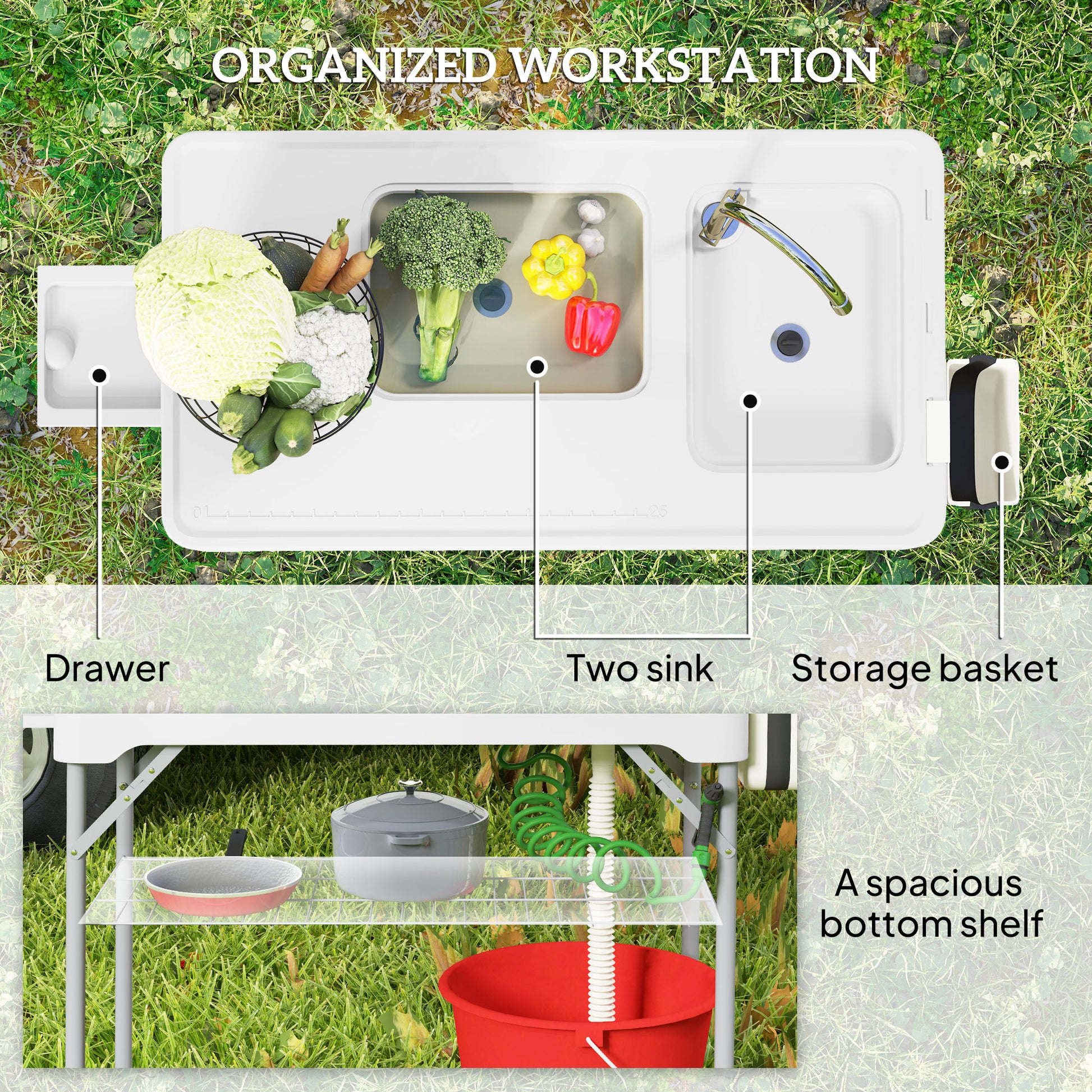 Folding Fish Cleaning Table with Sinks, Camping Sink with Faucet Drainage Hose Sprayer Shelf, White
