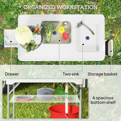 Folding Fish Cleaning Table with Sinks, Camping Sink with Faucet Drainage Hose Sprayer Shelf, White