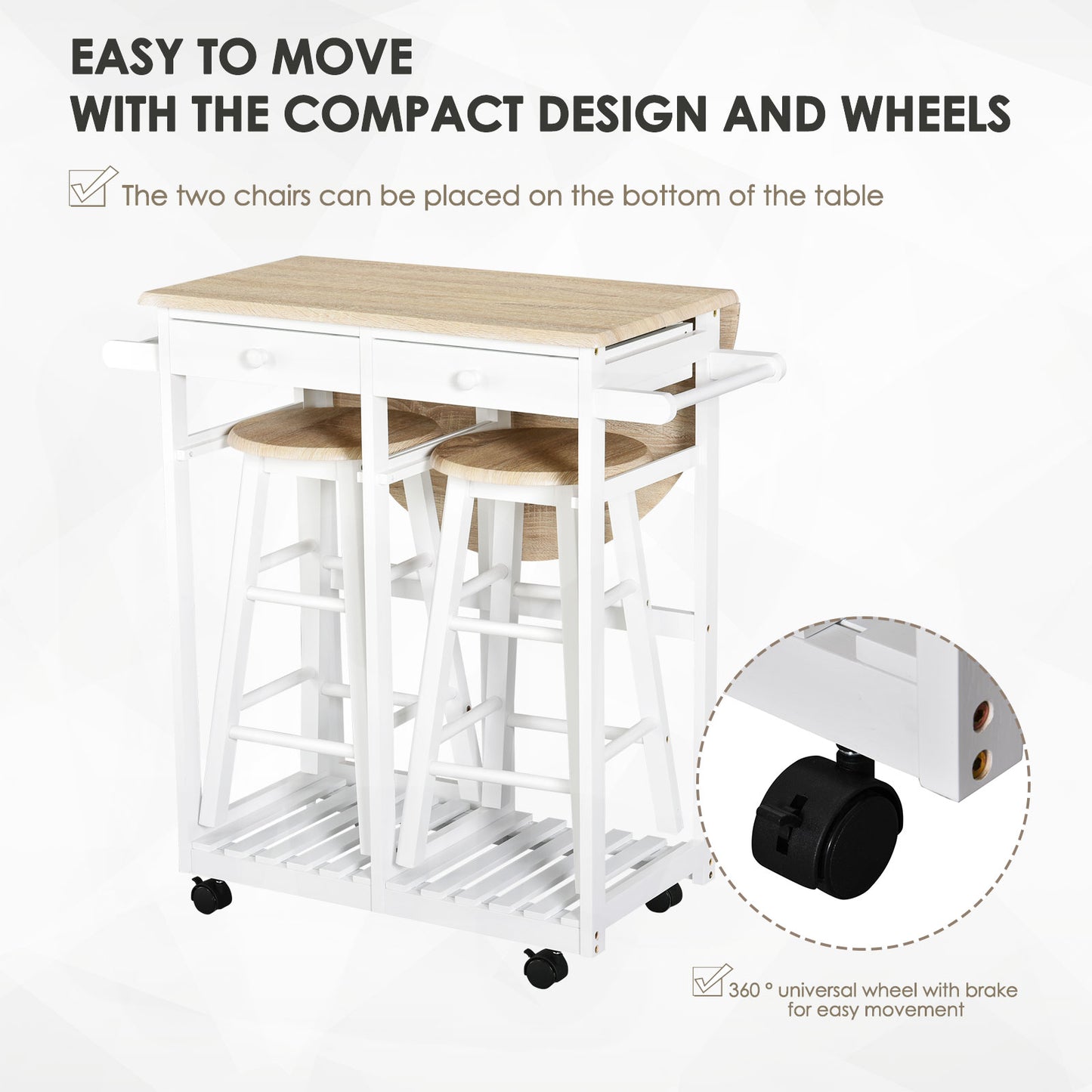 Kitchen Trolley 3 Piece Kitchen Cart Set Drop Leaf Breakfast Table and 2 Stools w/ Rolling Wheels & Towel Bars, Wood & W