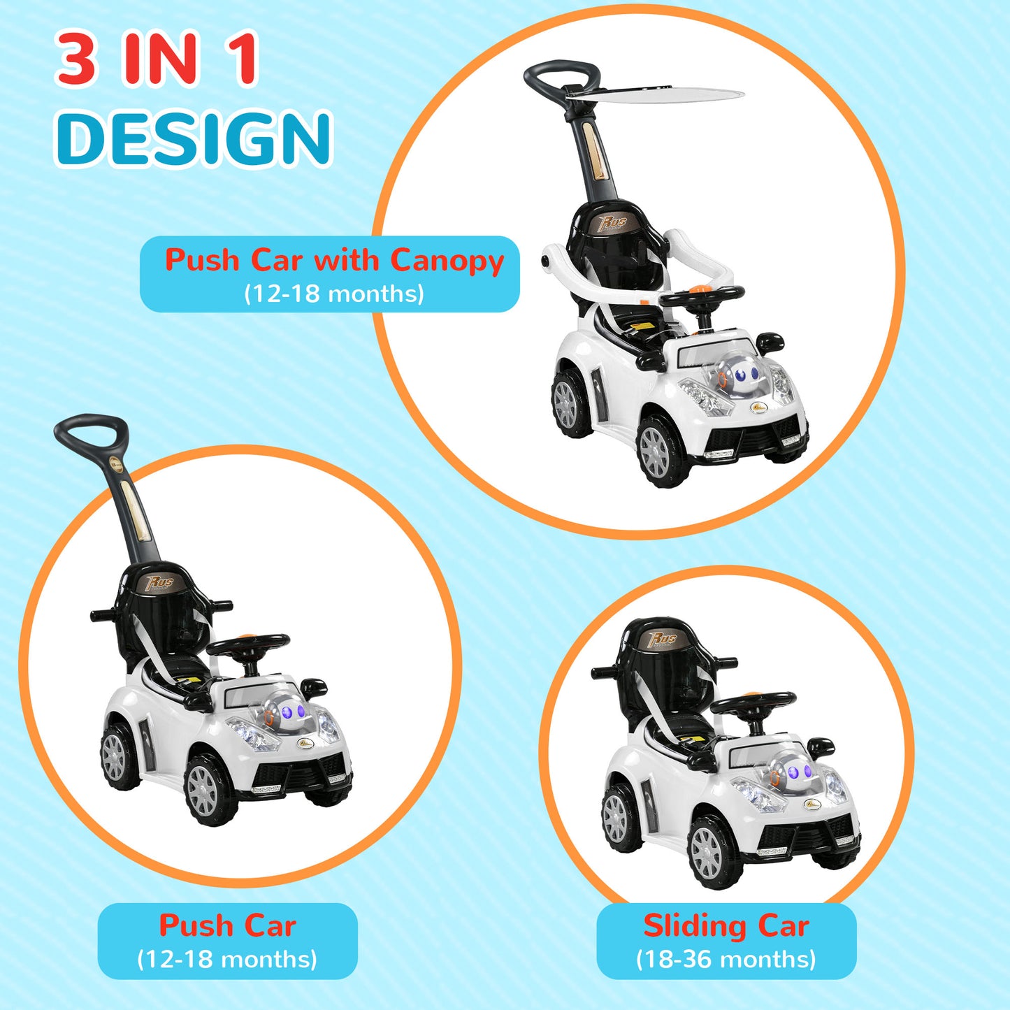 Qaba 3 in 1 Kids Push Car Toddler Sliding Car, Foot to Floor Design with Music, Light, Handle, Removable Canopy, White