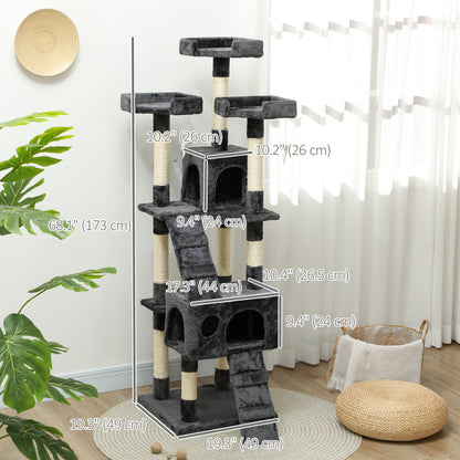 68" Multi-Level Cat Scratching Tree with 3 Perches & 2 Condos, 4 Tier Kitty Activity Center with Ladders & Dangling Toys