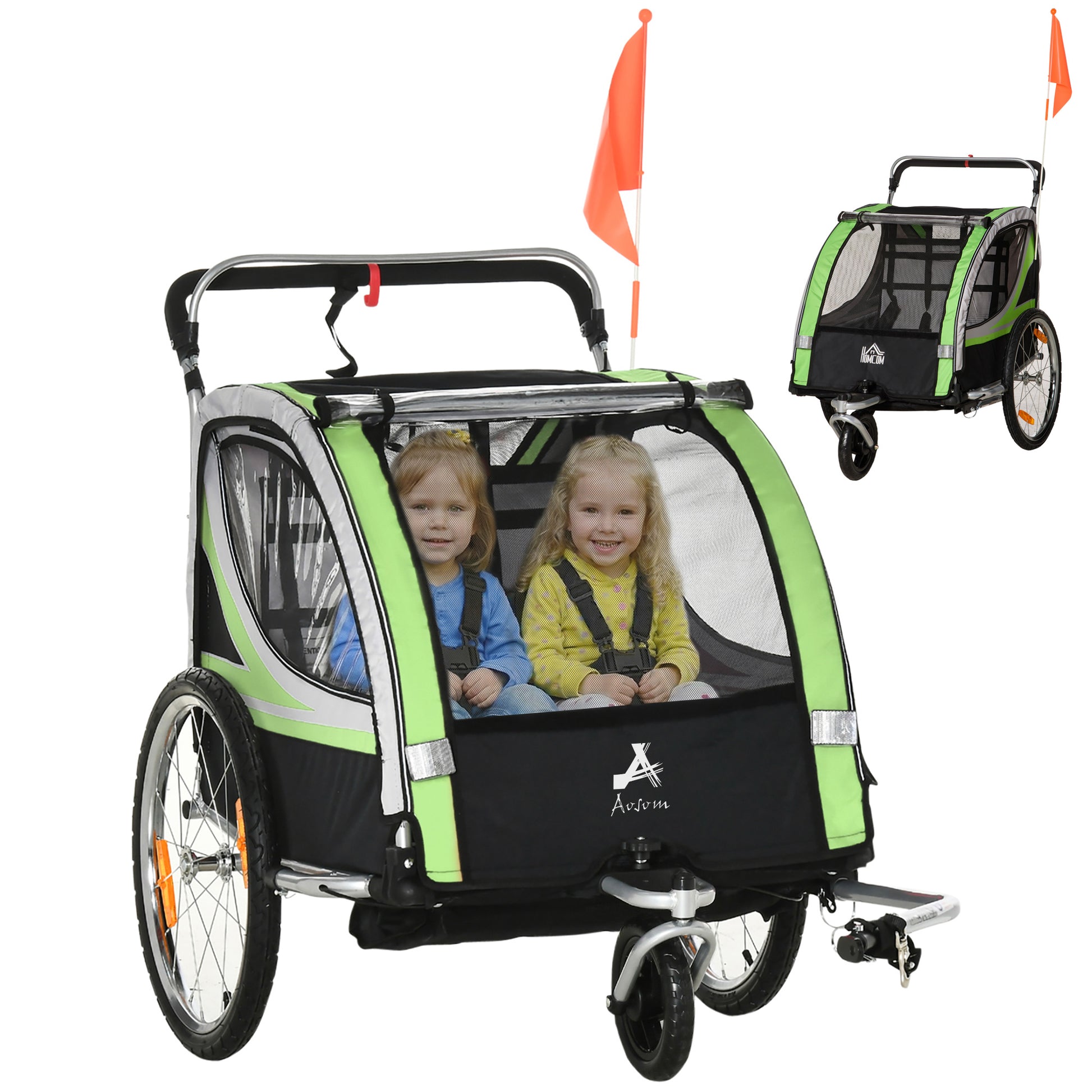 VarietyKart 2 Seat Bike Trailer for Kids 2-in-1 Double Baby Stroller with Handbrake, Rubber Wheels, 5 Point Harness, Wat