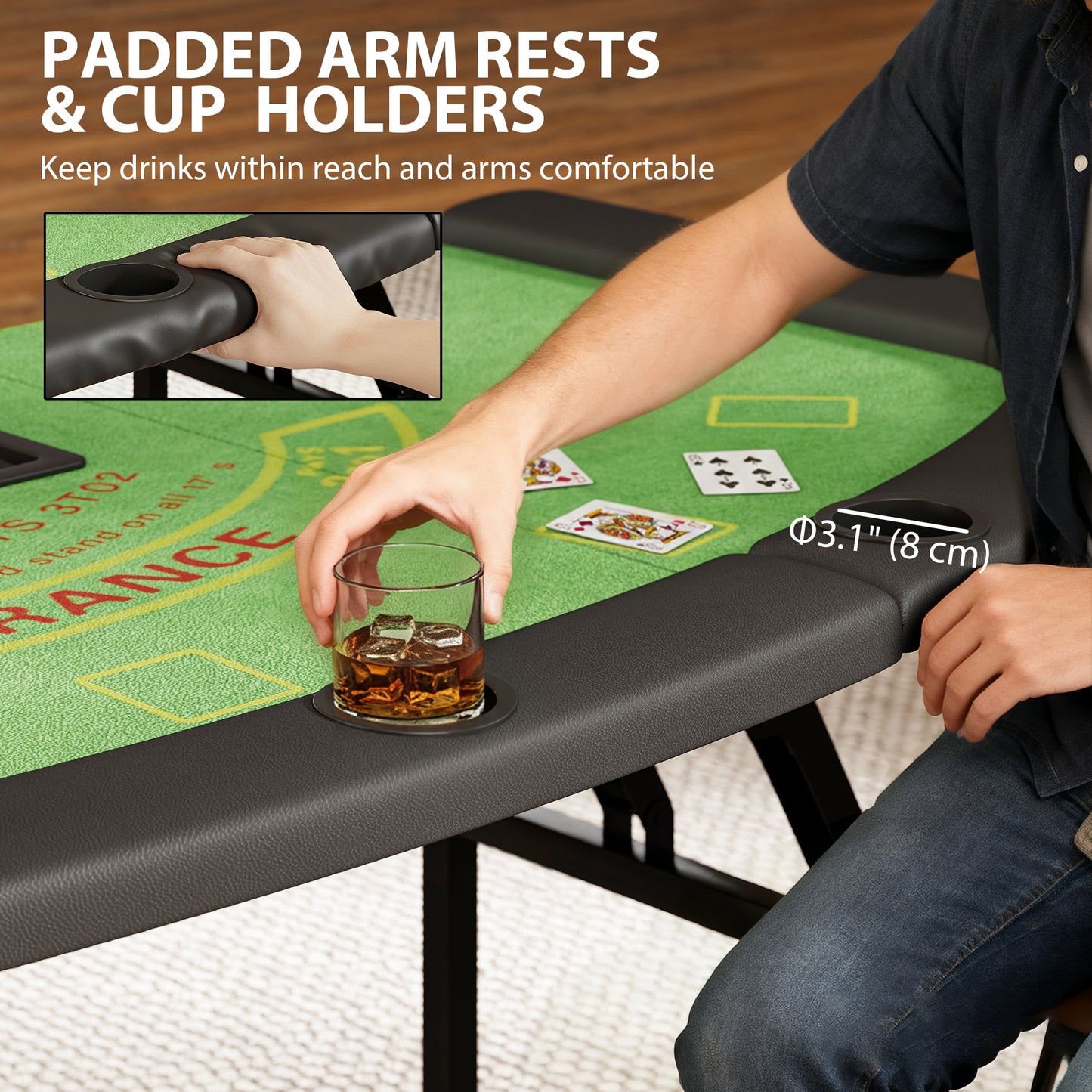 Soozier Poker Table Foldable, 72" 8 Player Casino Leisure Blackjack Texas Holdem Poker Table with 7 Cup Holders, Green