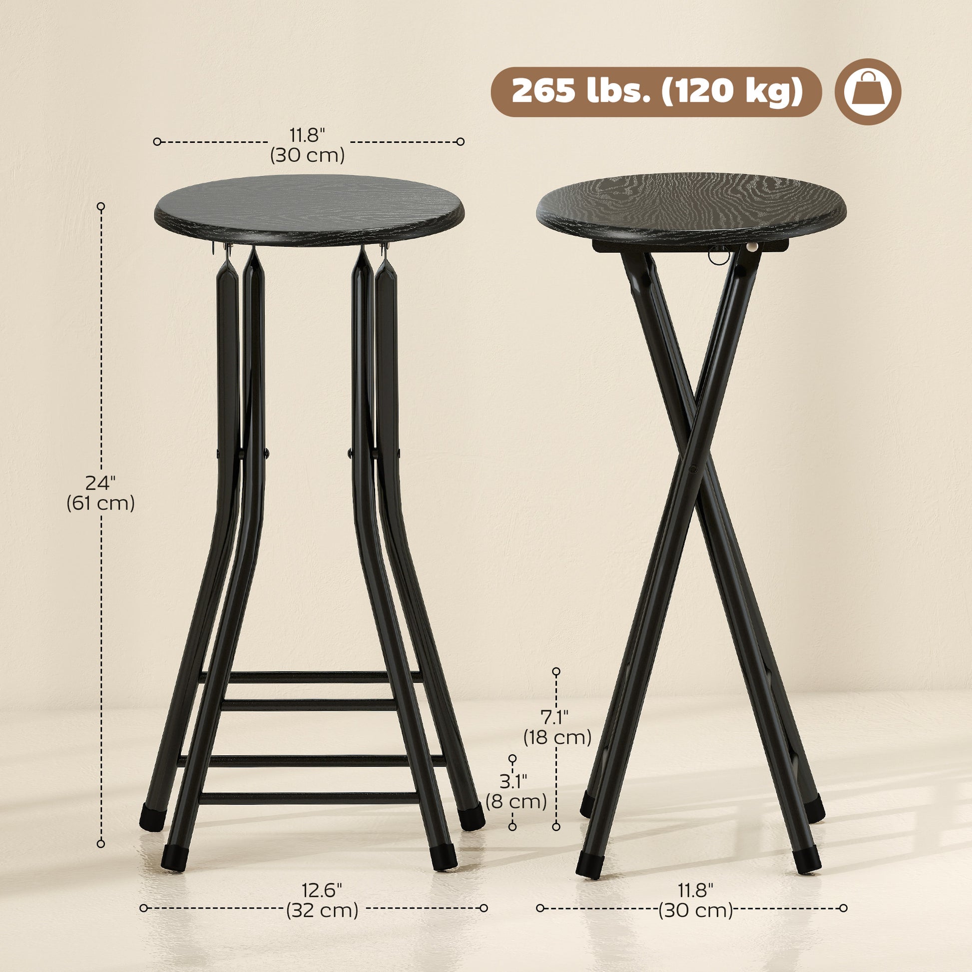 Set of 2 Foldable Barstools, Counter Height Bar Stools with Footrest and Steel Legs for Kitchen Island, Black