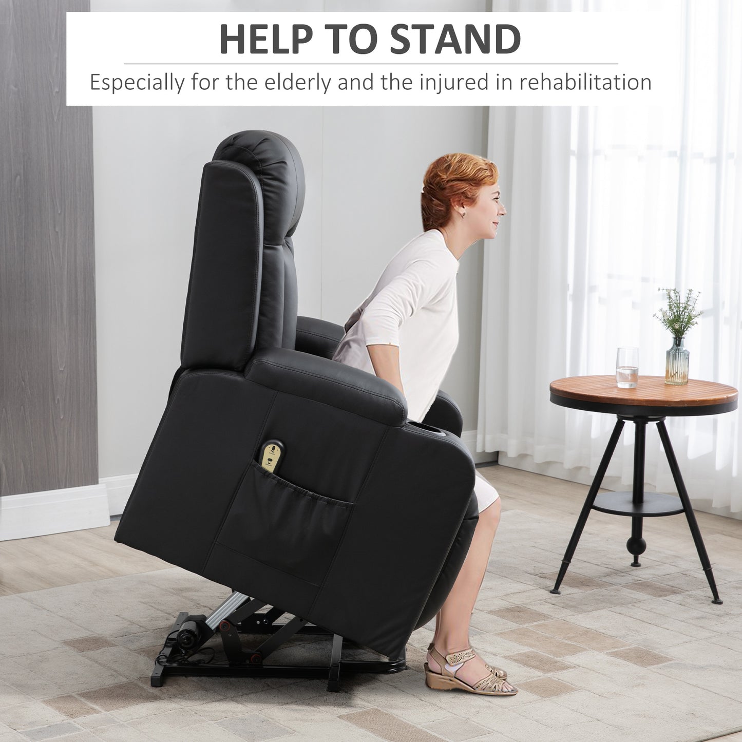 Power Lift Recliner Chair for Elderly, PU Leather Electric Recliner Chair with Footrest, Remote Control, Side Pockets an