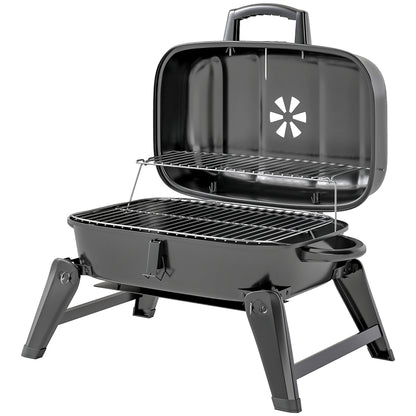 Charcoal BBQ Grill, Foldable Barbecue Grill with Warming Rack, Adjustable Vent, Thermometer, Handles, Black