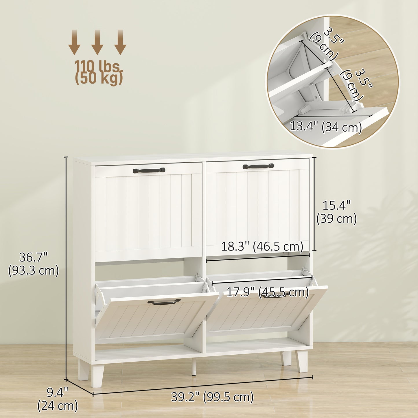 Shoe Cabinet with 4 Flip Drawers, Freestanding Narrow Shoe Storage Cabinet with Adjustable Shelves, Open Back, White
