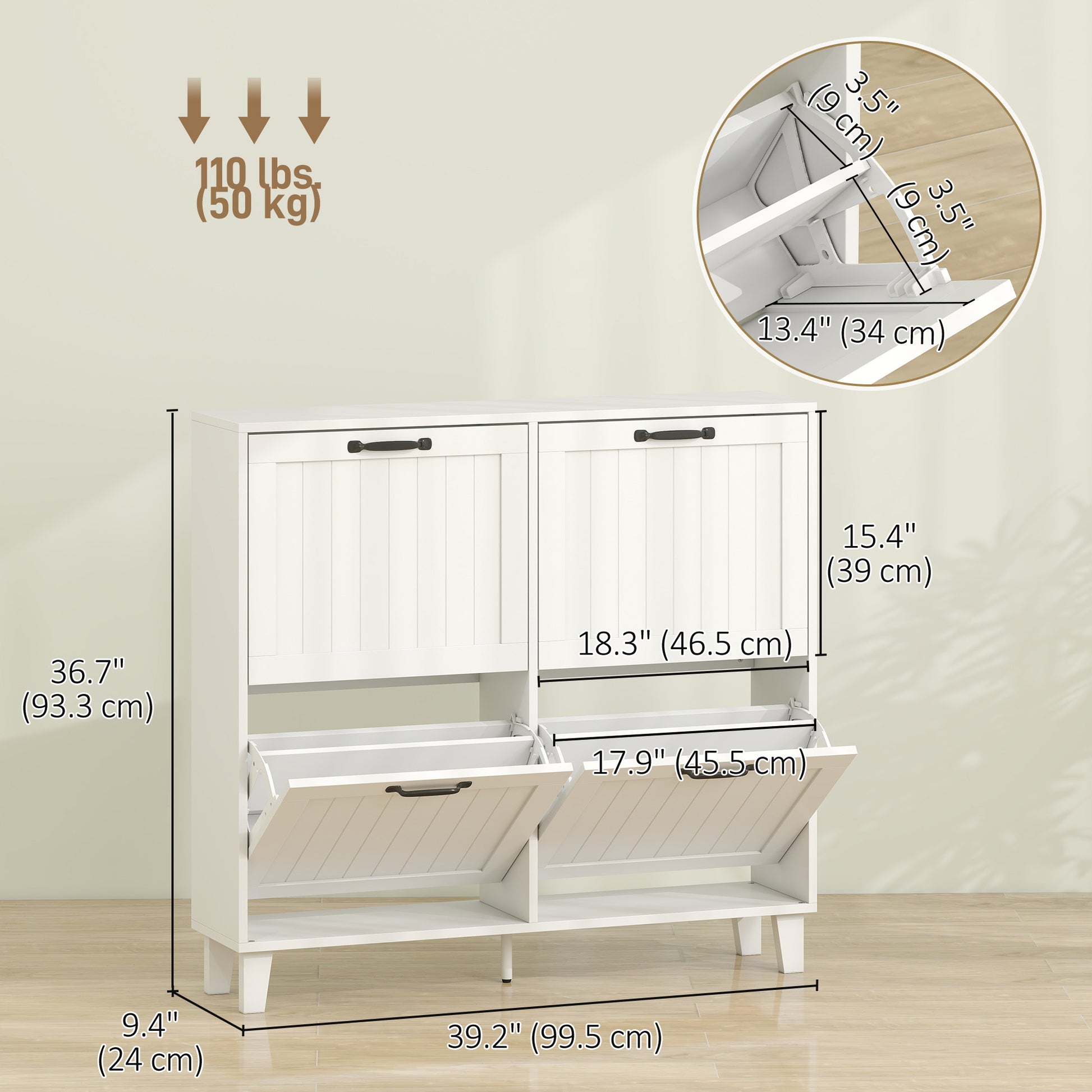 Shoe Cabinet with 4 Flip Drawers, Freestanding Narrow Shoe Storage Cabinet with Adjustable Shelves, Open Back, White