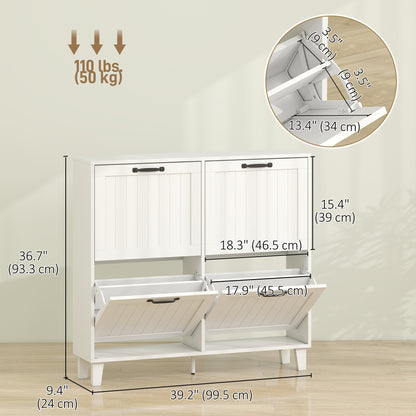 Shoe Cabinet with 4 Flip Drawers, Freestanding Narrow Shoe Storage Cabinet with Adjustable Shelves, Open Back, White