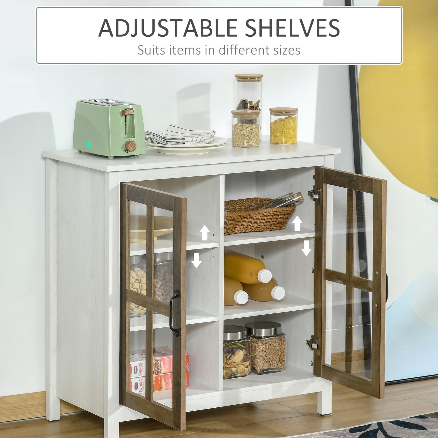 Kitchen Sideboard, Glass Door Buffet Cabinet, Accent Storage Cabinet with 2 Glass Doors and Adjustable Shelf for Dining 