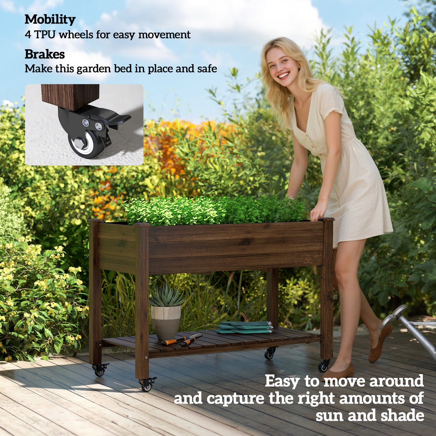 Mobile Raised Garden Bed Elevated Wood Planter Box with Lockable Wheels, Storage Shelf for Herbs Vegetables, Carbonized