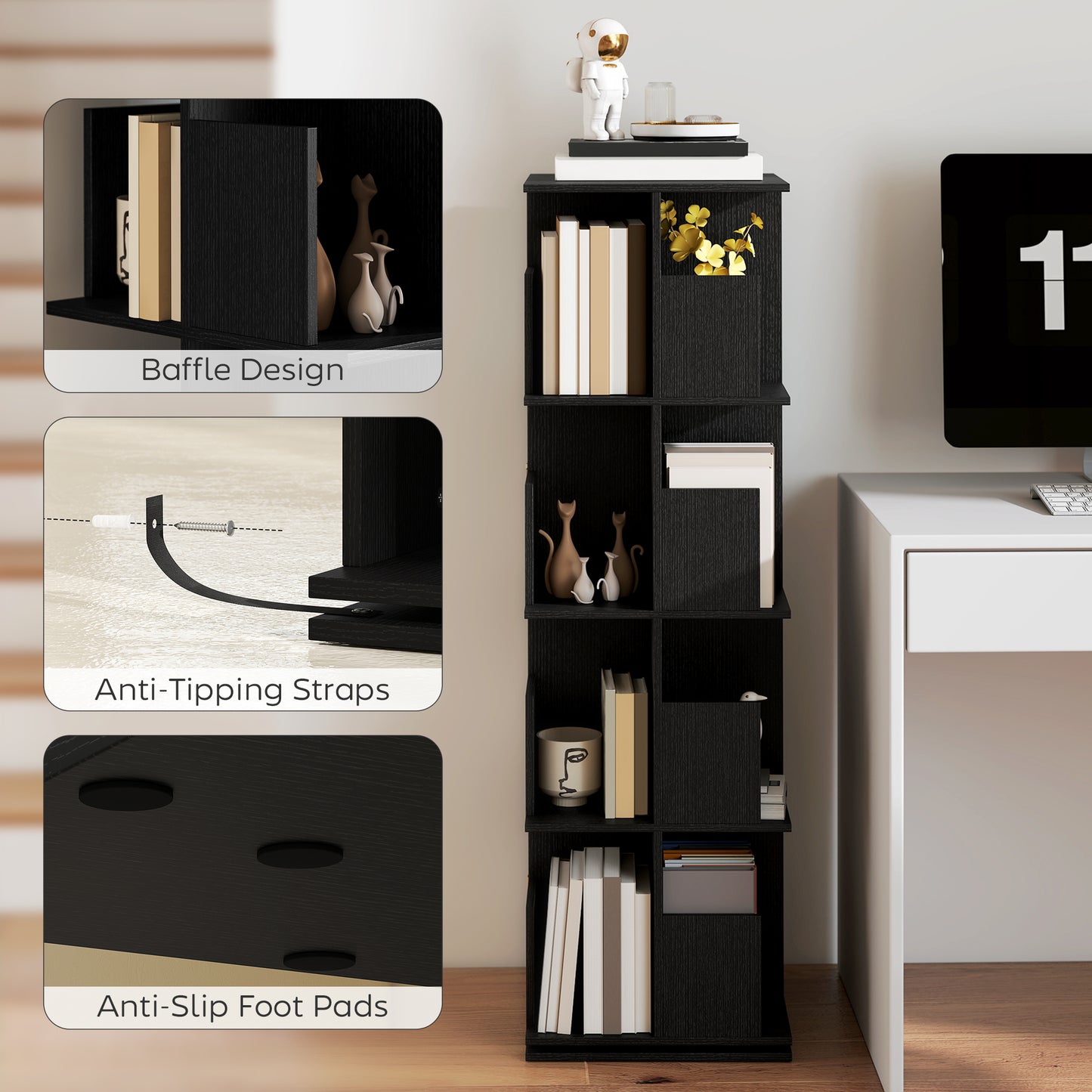 360° Rotating Bookcase with Anti-Tipping Straps, Anti-Slip Foot Pads, 4 Tier Bookshelf with 16 Cubbies for Books, Plants
