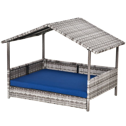 Rattan Dog House with Canopy, Wicker Dog Bed with Water-Resistant Cushion, for Small and Medium Breeds Dark Blue