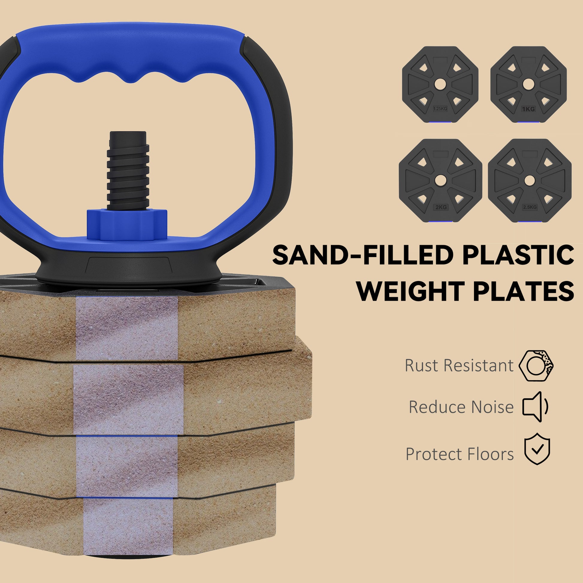 Soozier 6-in-1 Adjustable Dumbbell Set, Used as Kettlebell, Barbell, Dumbbell, Push-Up Stand, 66lbs Free Weights Set, Bl