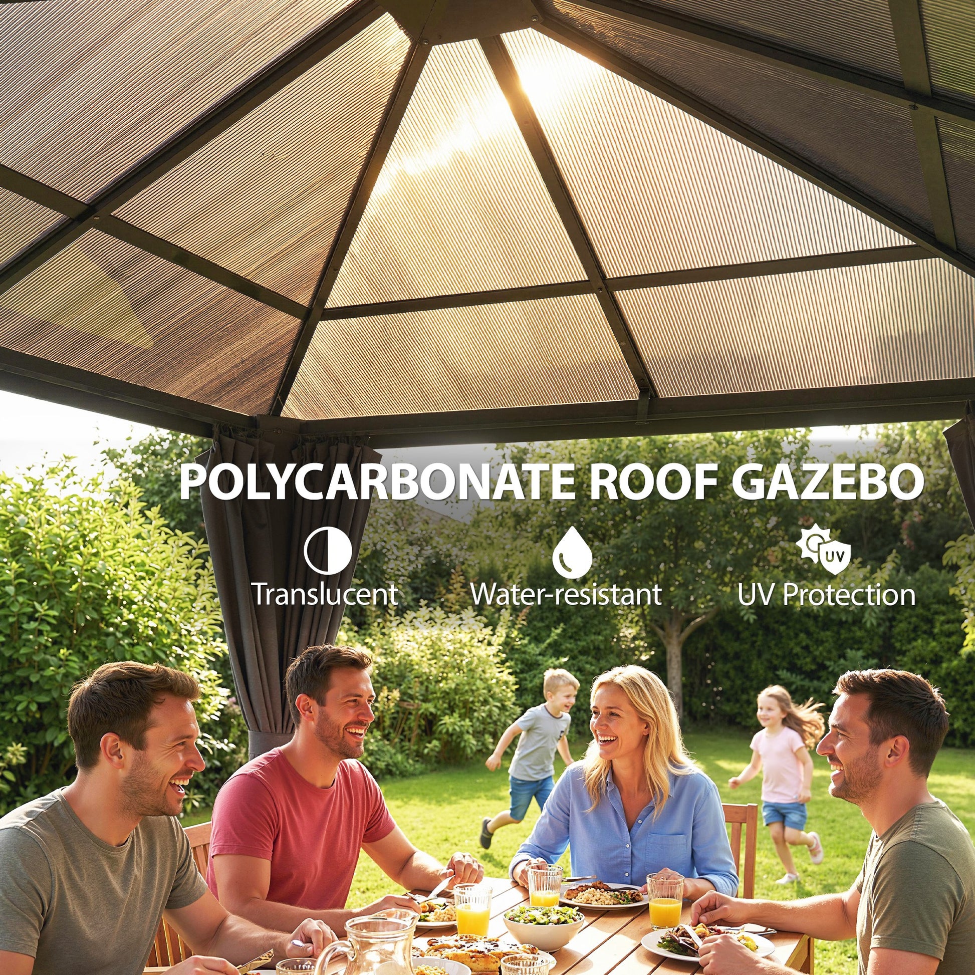 10' x 10' Outdoor Hardtop Gazebo Canopy with UV50+ Polycarbonate Roof, Steel Frame, Central Hook, Curtains, Light Grey