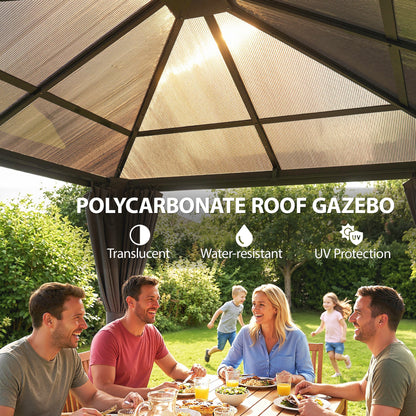 10' x 10' Outdoor Hardtop Gazebo Canopy with UV50+ Polycarbonate Roof, Steel Frame, Central Hook, Curtains, Light Grey