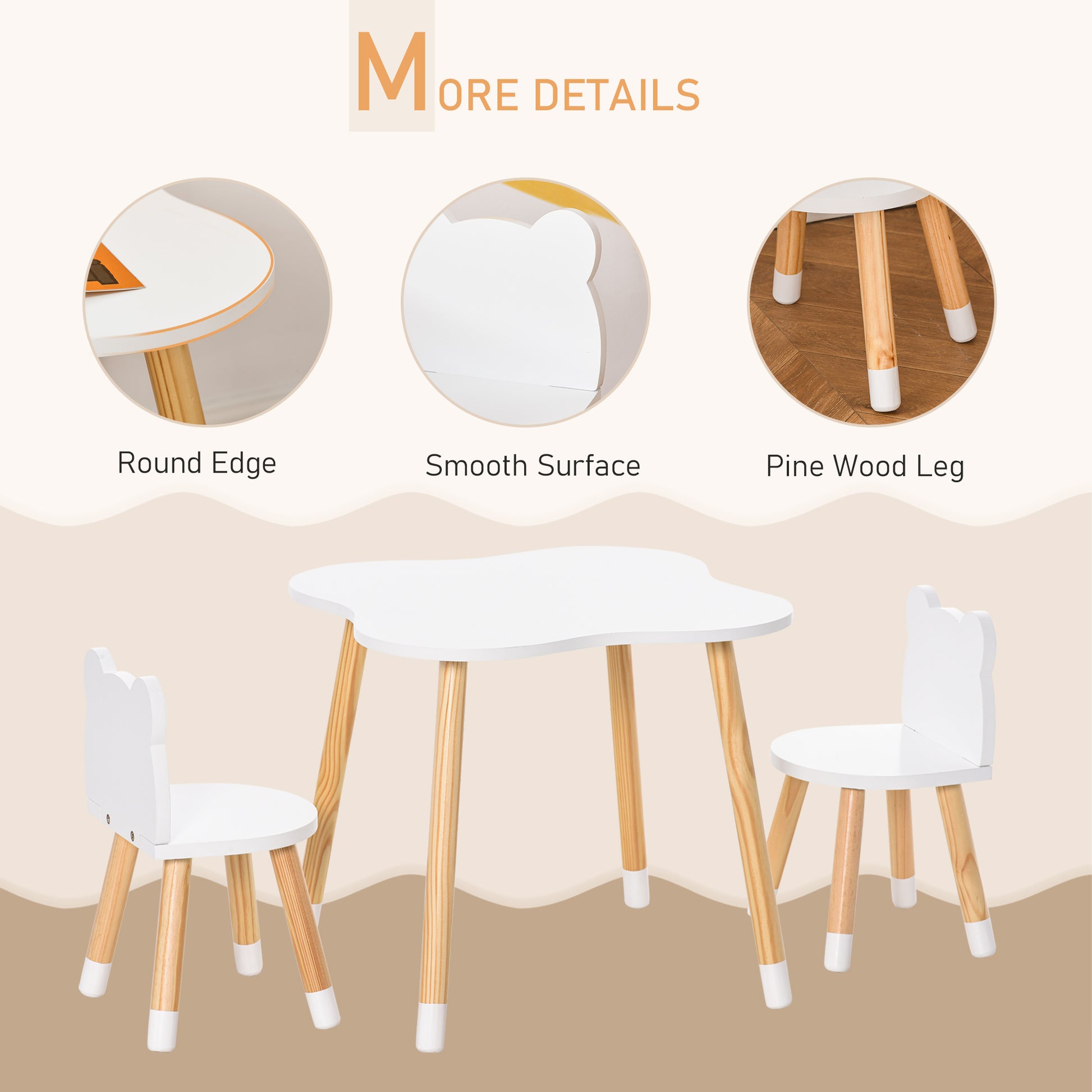 Qaba Kids Wooden Table and 2 Chairs Set, 3-Piece Dining Table with Bear Shape and Rounded Corners for 1-4 Years, White