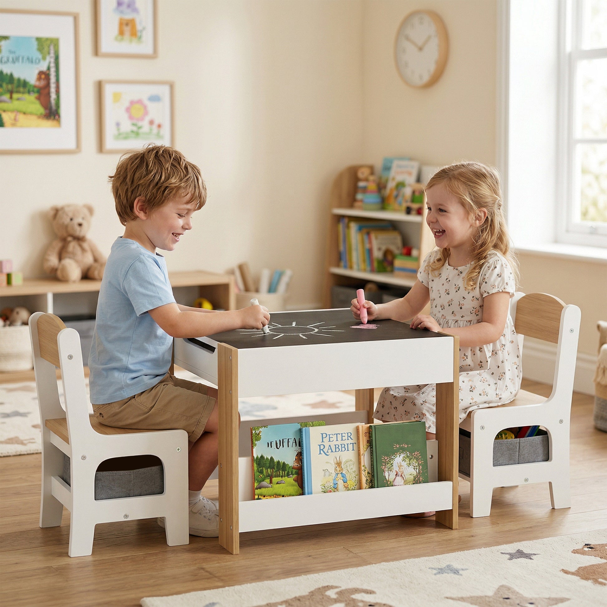 Qaba 3 Piece Kids Table and Chair Set with Reversible Tabletop, Blackboard, Storage, Bookshelf, for Playroom, Nursery Na