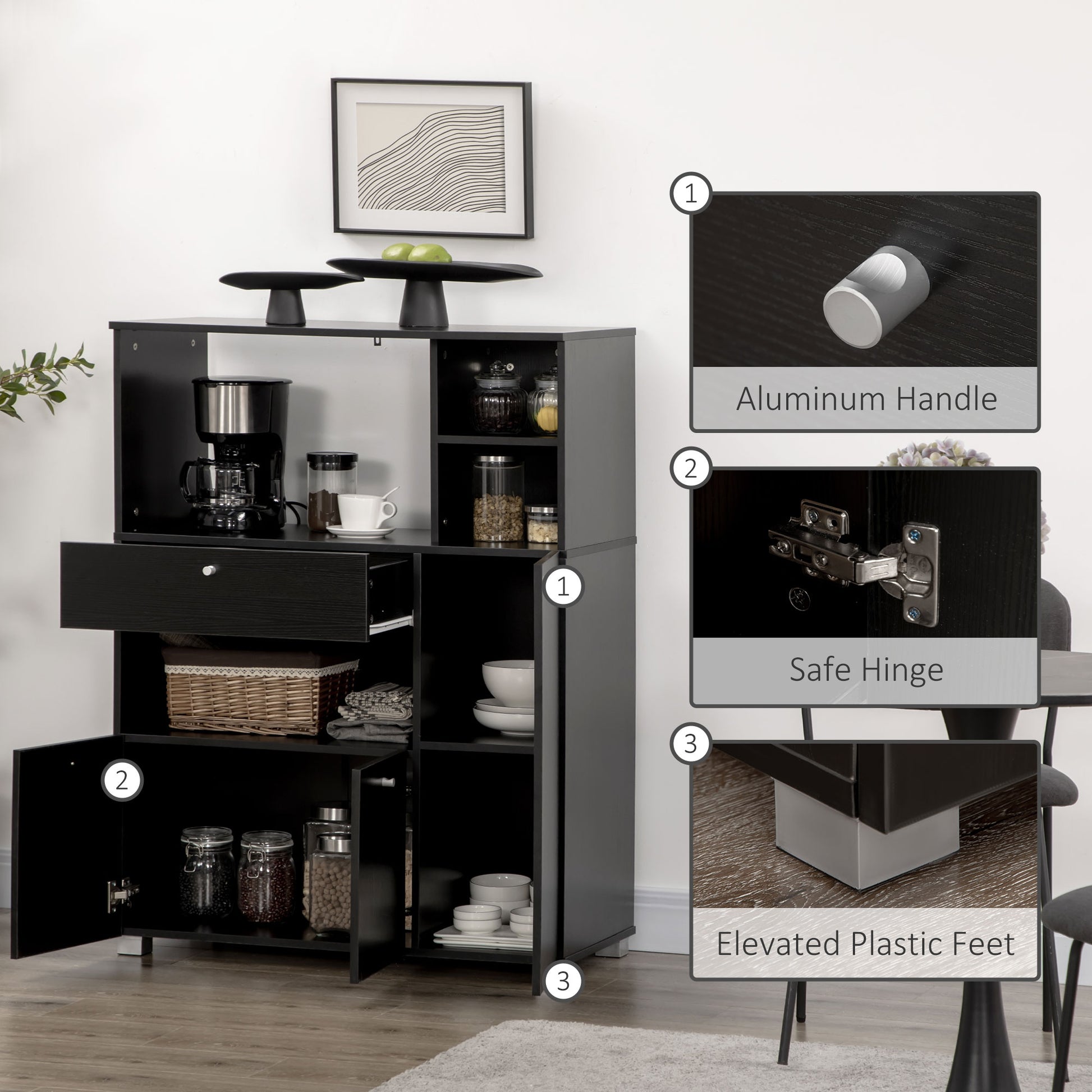 Compact Kitchen Pantry Buffet Server Hutch Storage Cabinet  with Microwave Oven Stand Drawer and Shelves, Black