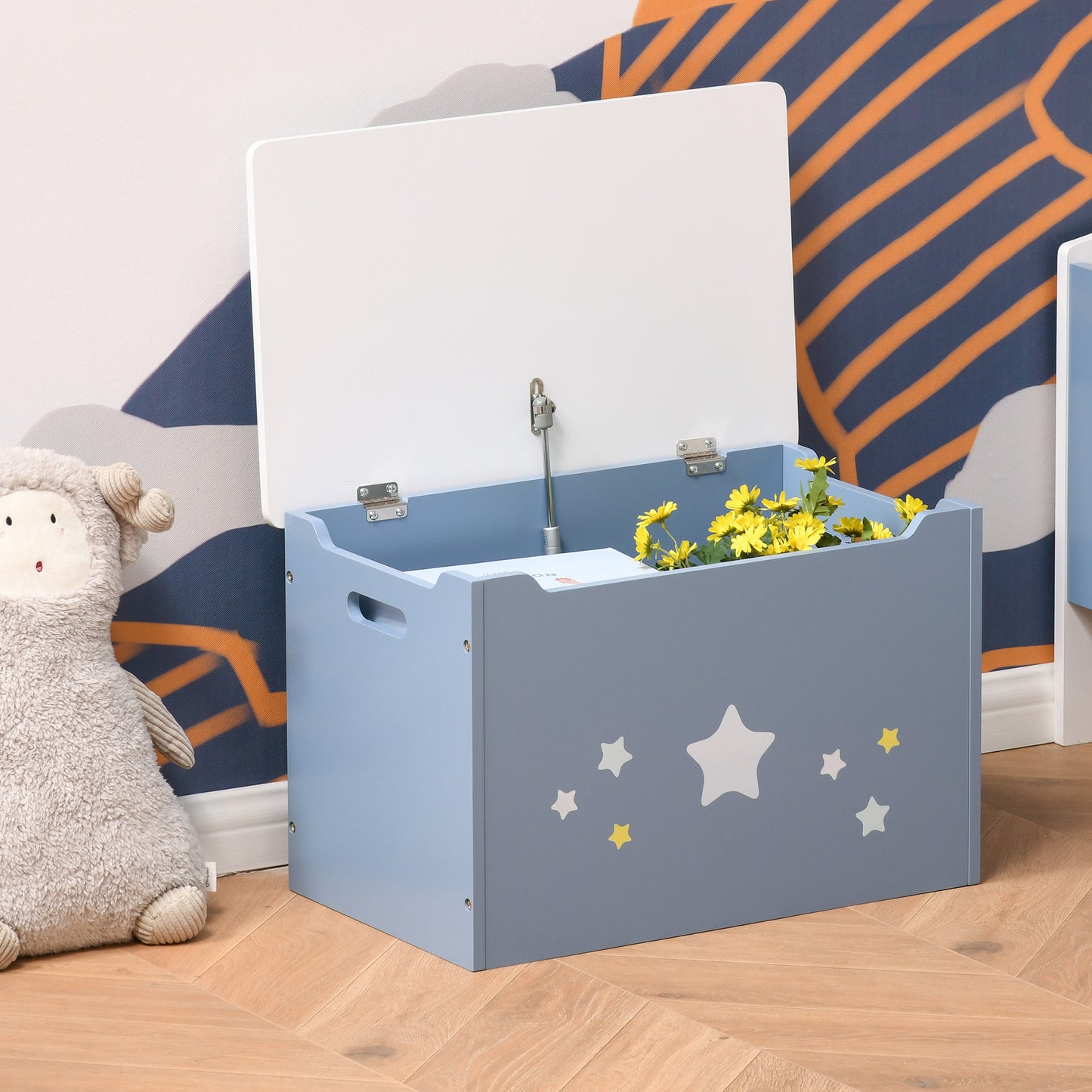 Qaba Kids Toy Storage Box, Organizer Chest with Gas Stay Bar Seating Bench, Blue