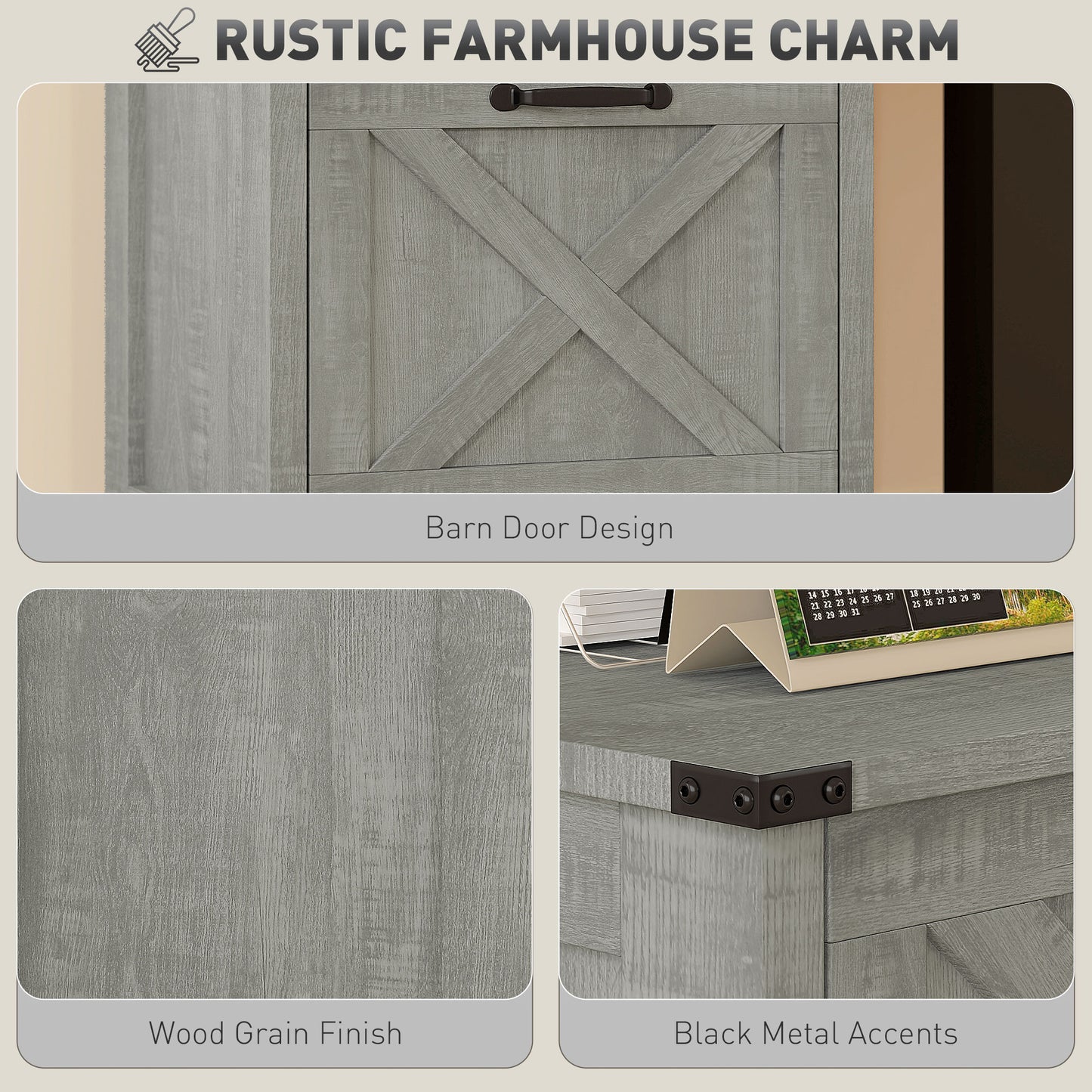 Vertical Filing Cabinet with 3 Drawers, Rustic Farmhouse Office Storage Cabinet for A4, Letter Size, Stone Grey
