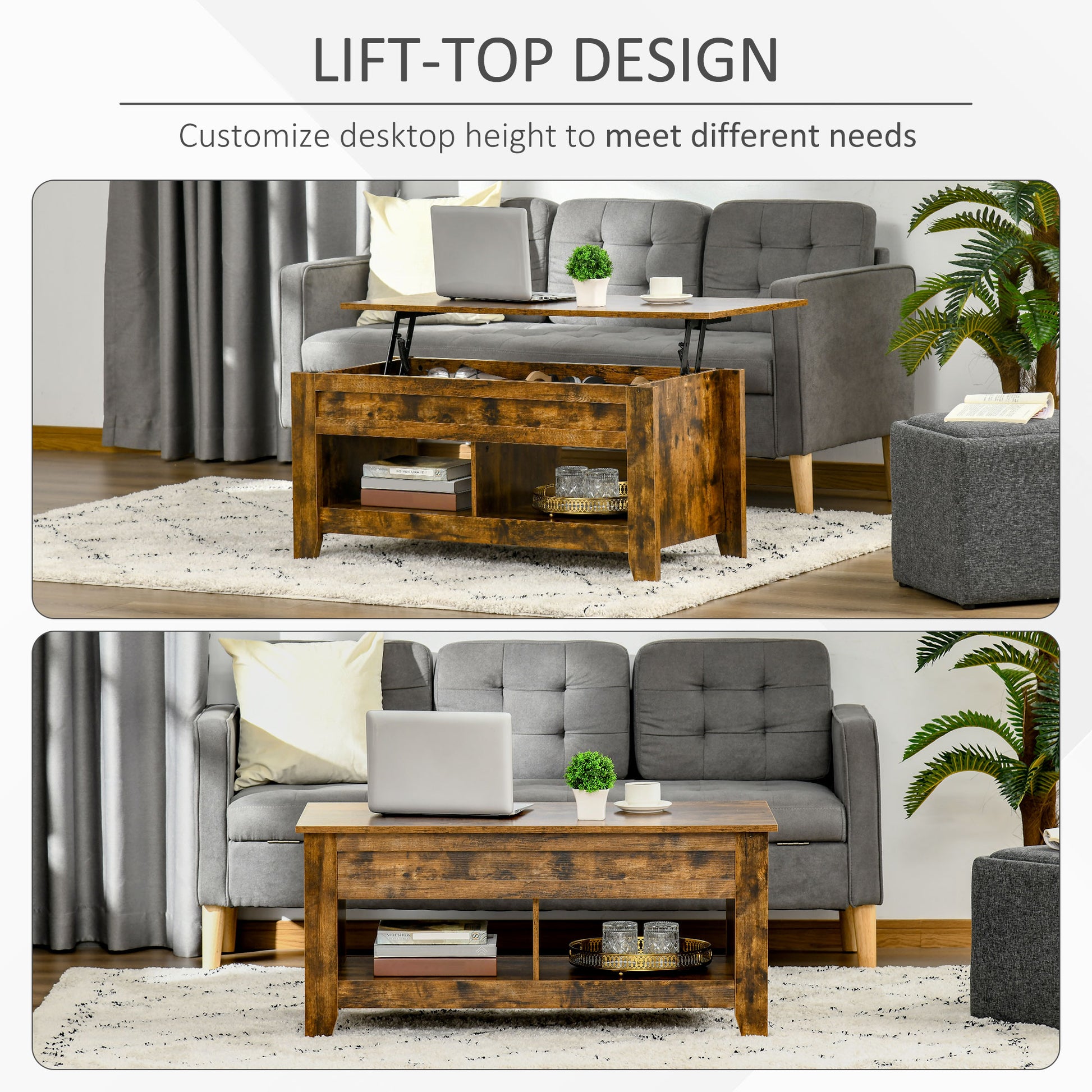 Lift Top Coffee Table with Hidden Storage Compartment and Open Shelves, Lift Tabletop Pop-Up Center Table for Living Roo