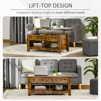 Lift Top Coffee Table with Hidden Storage Compartment and Open Shelves, Lift Tabletop Pop-Up Center Table for Living Roo