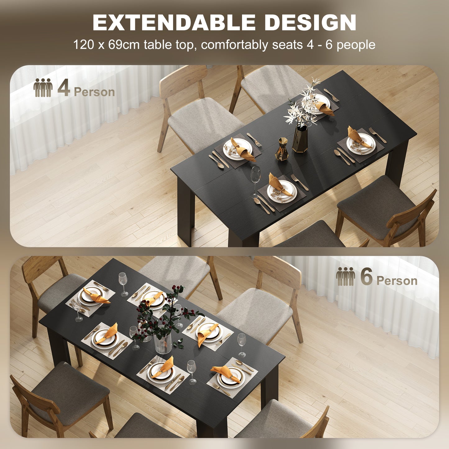 63" Kitchen Table for 4-6 People, Dining Table with Wood Effect for Dining Room, Black