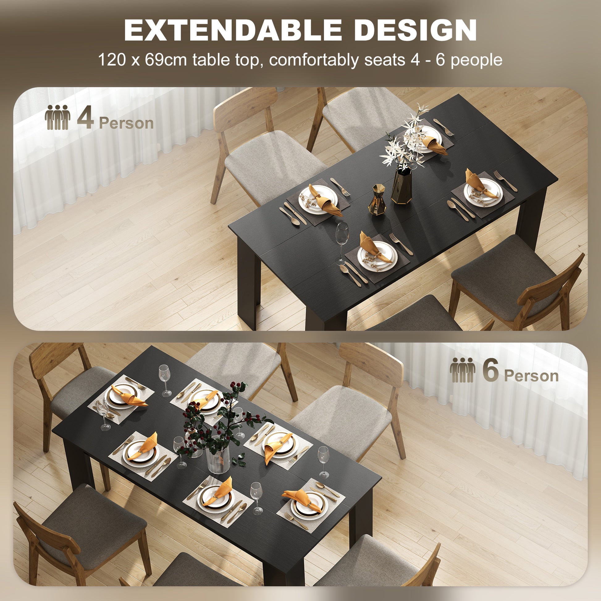 63" Kitchen Table for 4-6 People, Dining Table with Wood Effect for Dining Room, Black